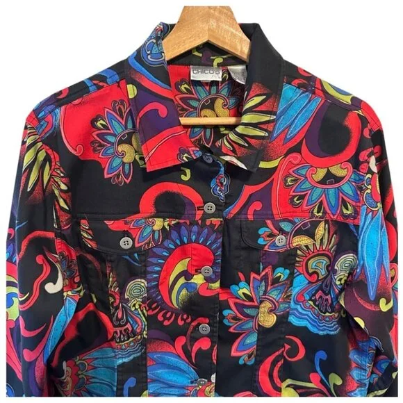 Chico's Women's Black Vibrant Cotton Blend Boho Blazer Size 2, US Large Retro - Picture 4 of 13